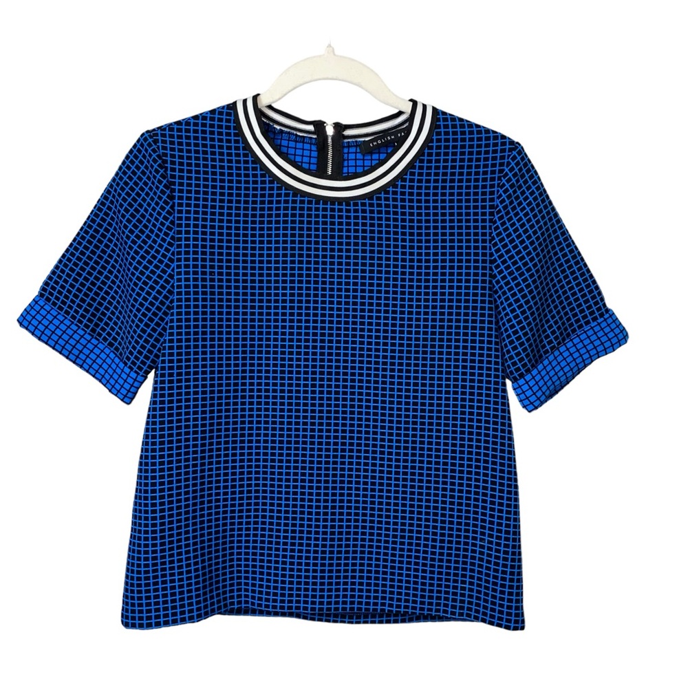 English Factory blue black thick structured checkered print boxy Top size small - Picture 2 of 12